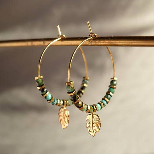 Augusta - Monstera Leaf Beaded Hoop Earrings
