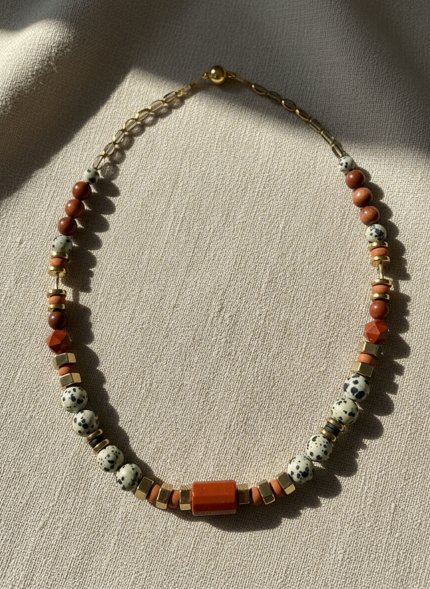 Gist - Dalmatian Jasper & Sandstone barrel necklace