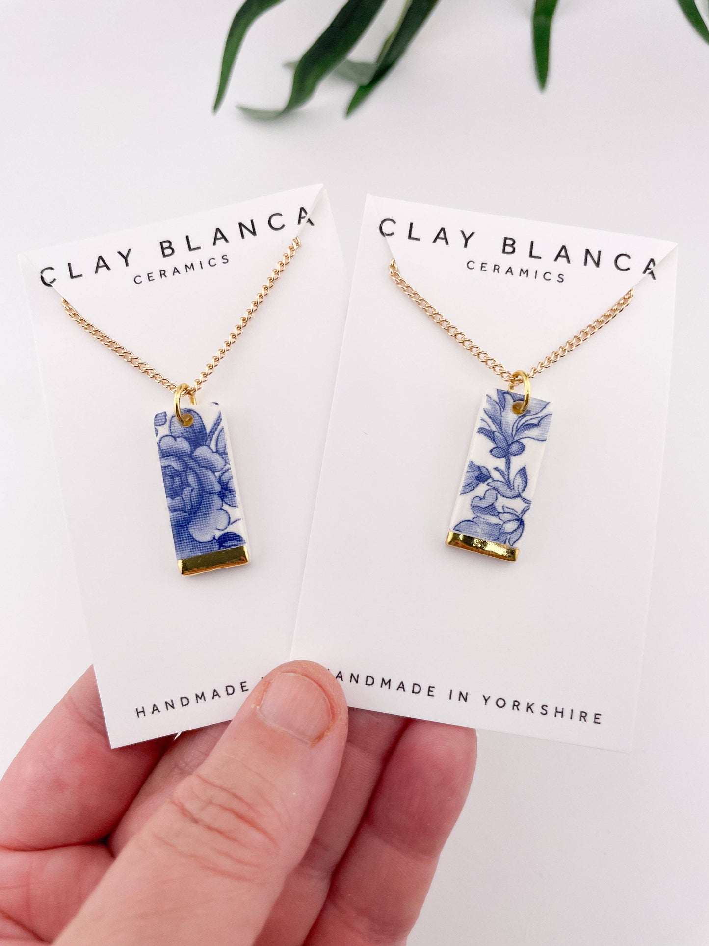 Blue China Wide Rectangle Pendant necklace with gold tip