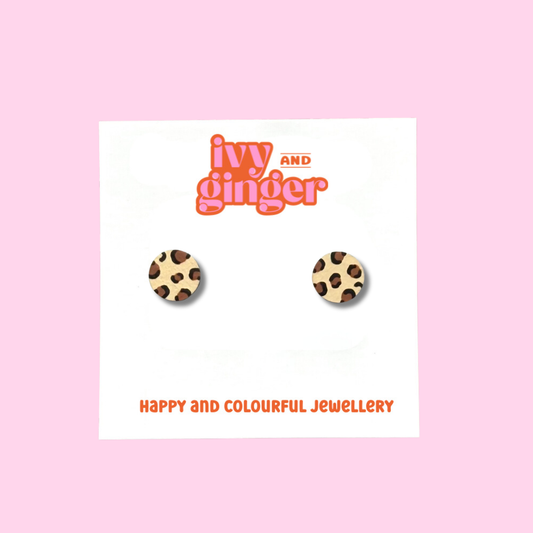 Ivy and Ginger - Mini cream and brown leopard print circle stud earrings