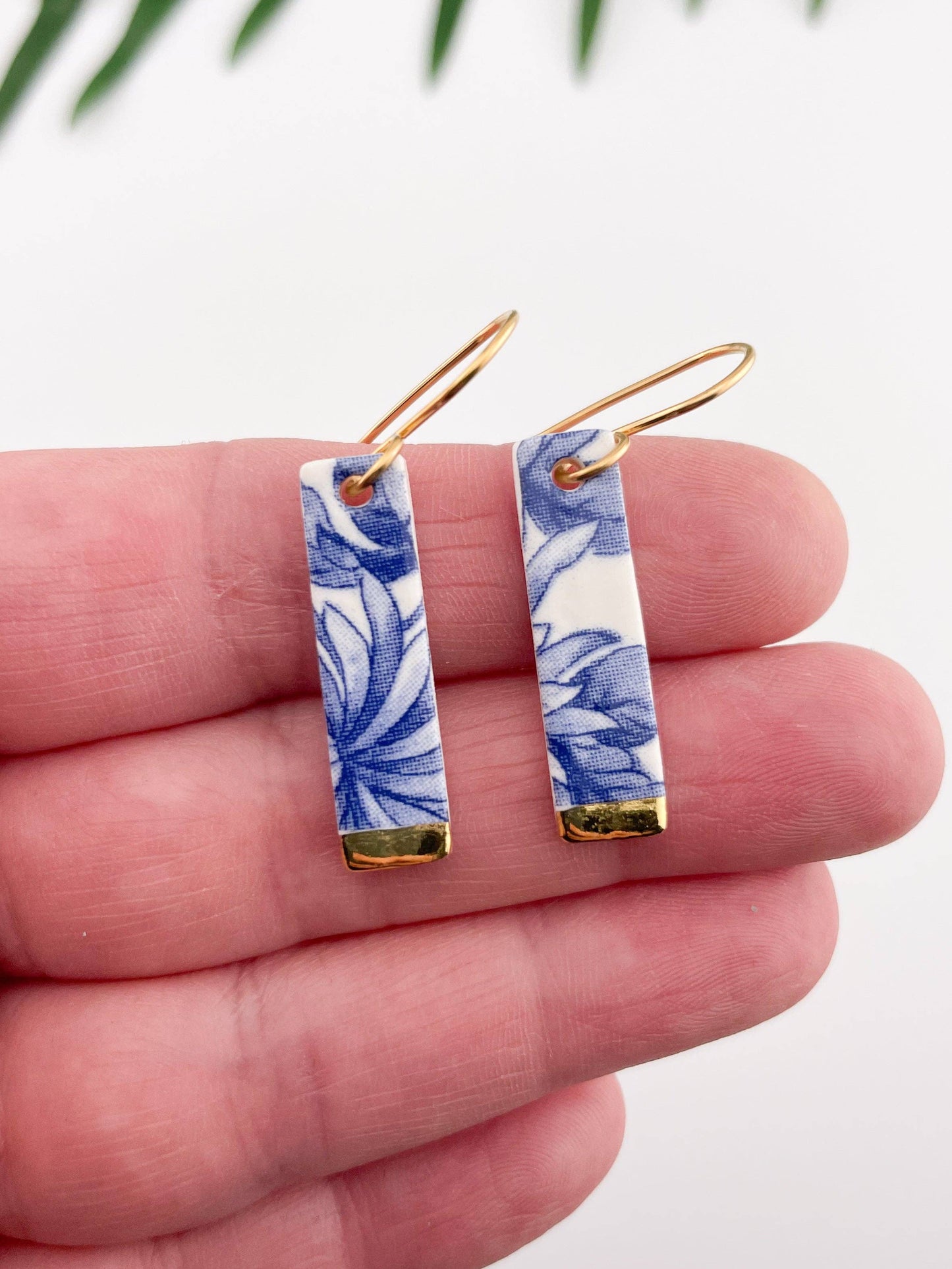 Blue China Slim Rectangle Dangle earrings with gold tips