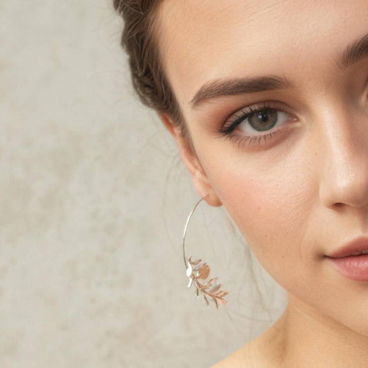 Rosemary Botanical Leaf Hoop Earrings : Silver