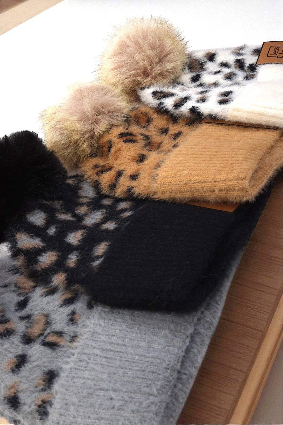 Tan Leopard Fluffy Bobble Hat HL870