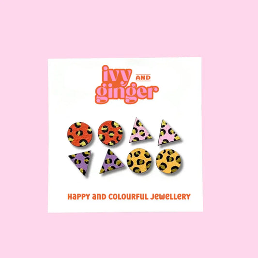 Ivy and Ginger - Handmade Bright Mini Leopard Print Stud Set Wooden Earrings