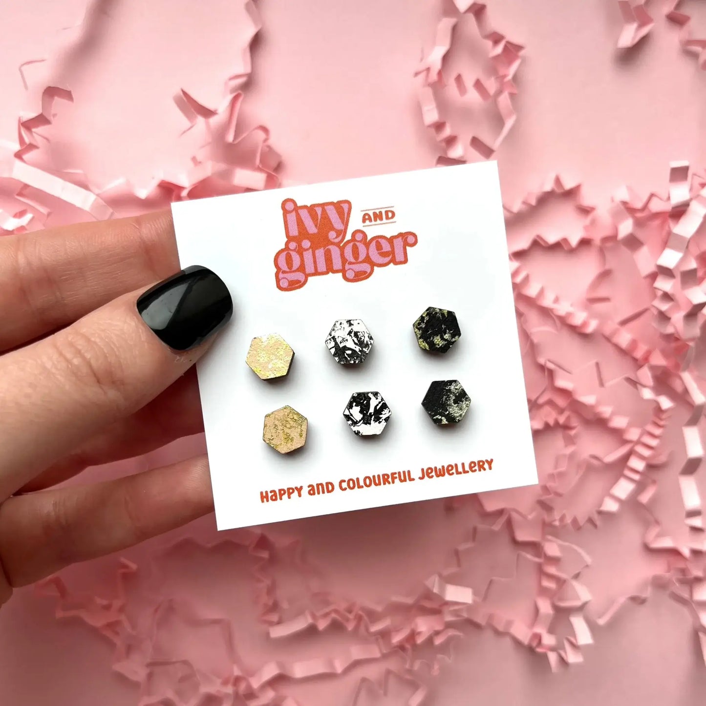 Three piece textured hexagon mini stud earrings