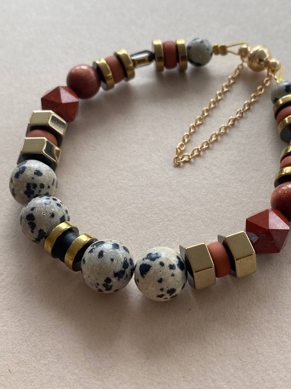 Gist - Dalmatian Jasper & Sandstone barrel bracelet