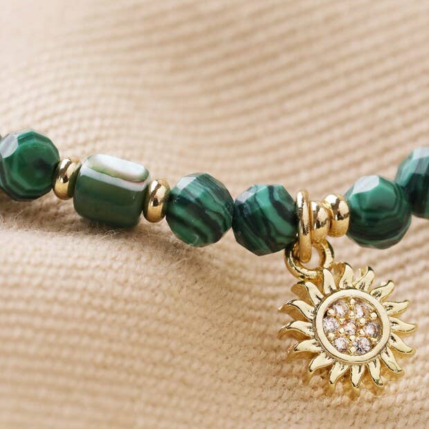 Malachite & Aqua Semi-Precious Stone Bracelet with Sun Charm