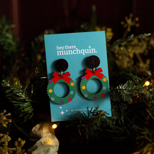 Wooden ‘Festive Wreath’ Christmas statement earrings