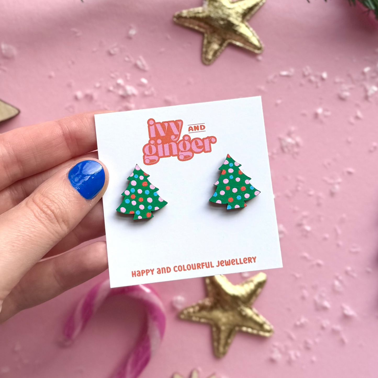 Polka dot print Christmas tree stud earrings