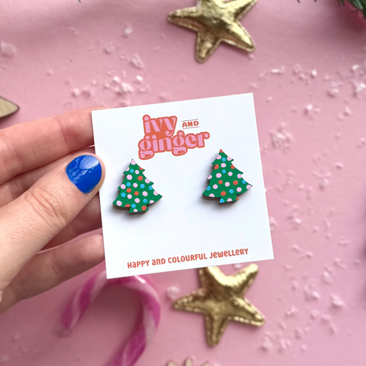 Polka dot print Christmas tree stud earrings