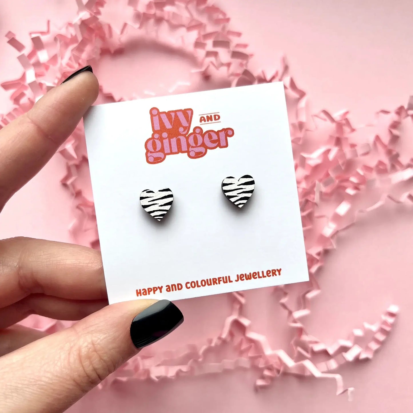 Mini zebra print heart stud statement wooden earrings