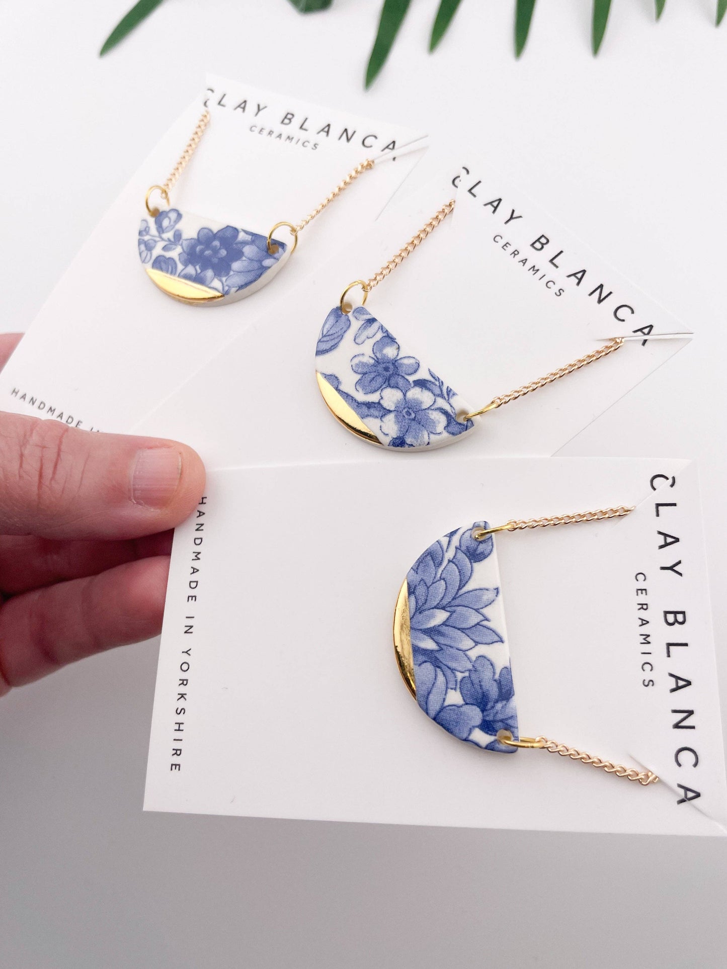 Blue China Semi Circle Pendant necklace with gold tip