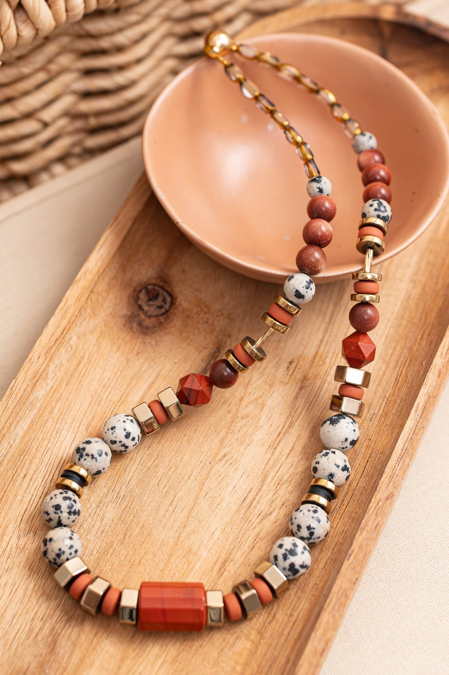 Gist - Dalmatian Jasper & Sandstone barrel necklace