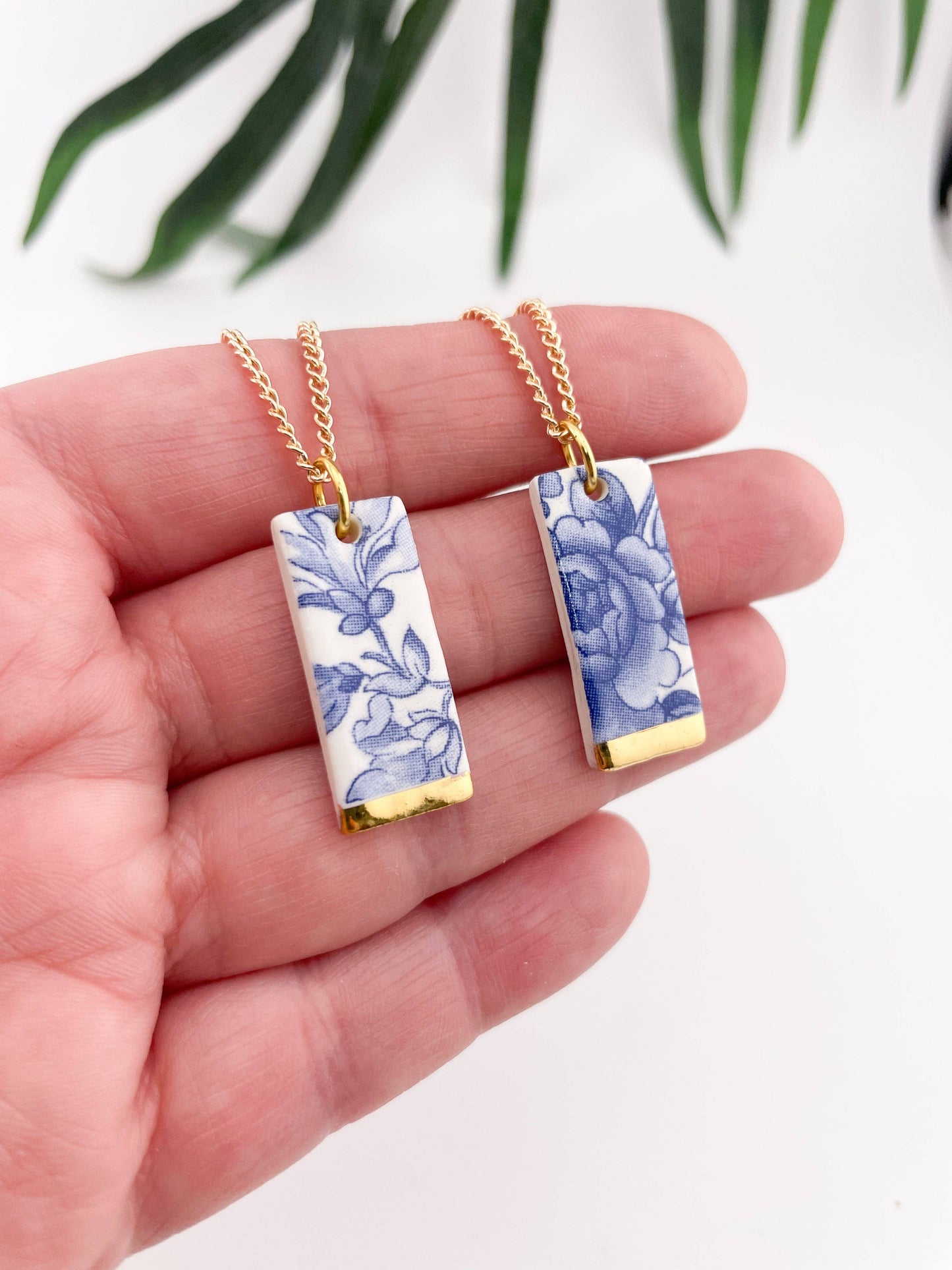 Blue China Wide Rectangle Pendant necklace with gold tip