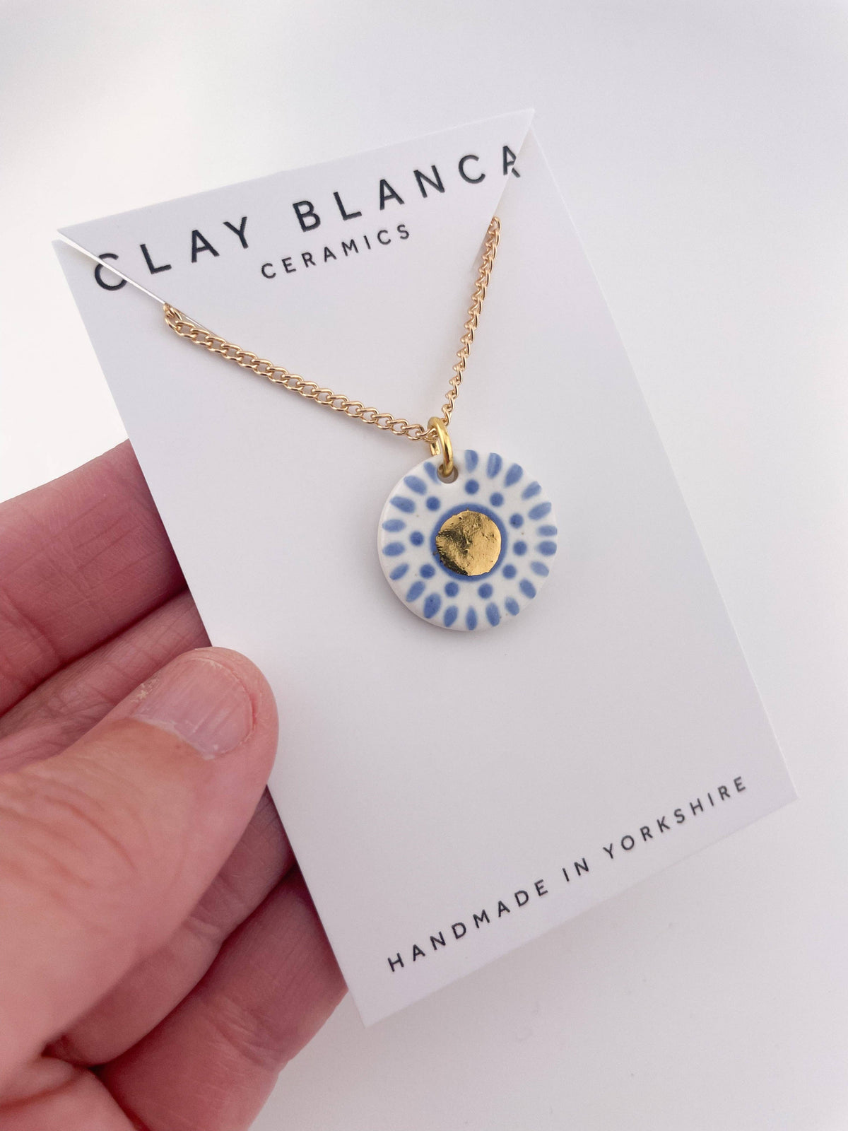 Hand Painted Sky Blue Dot Pendant with gold centre