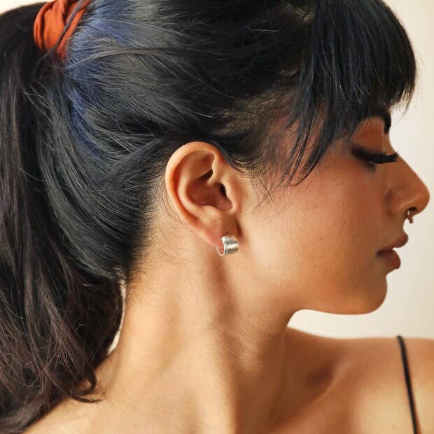 Brushed Wide Huggie Hoop Earrings: Silver