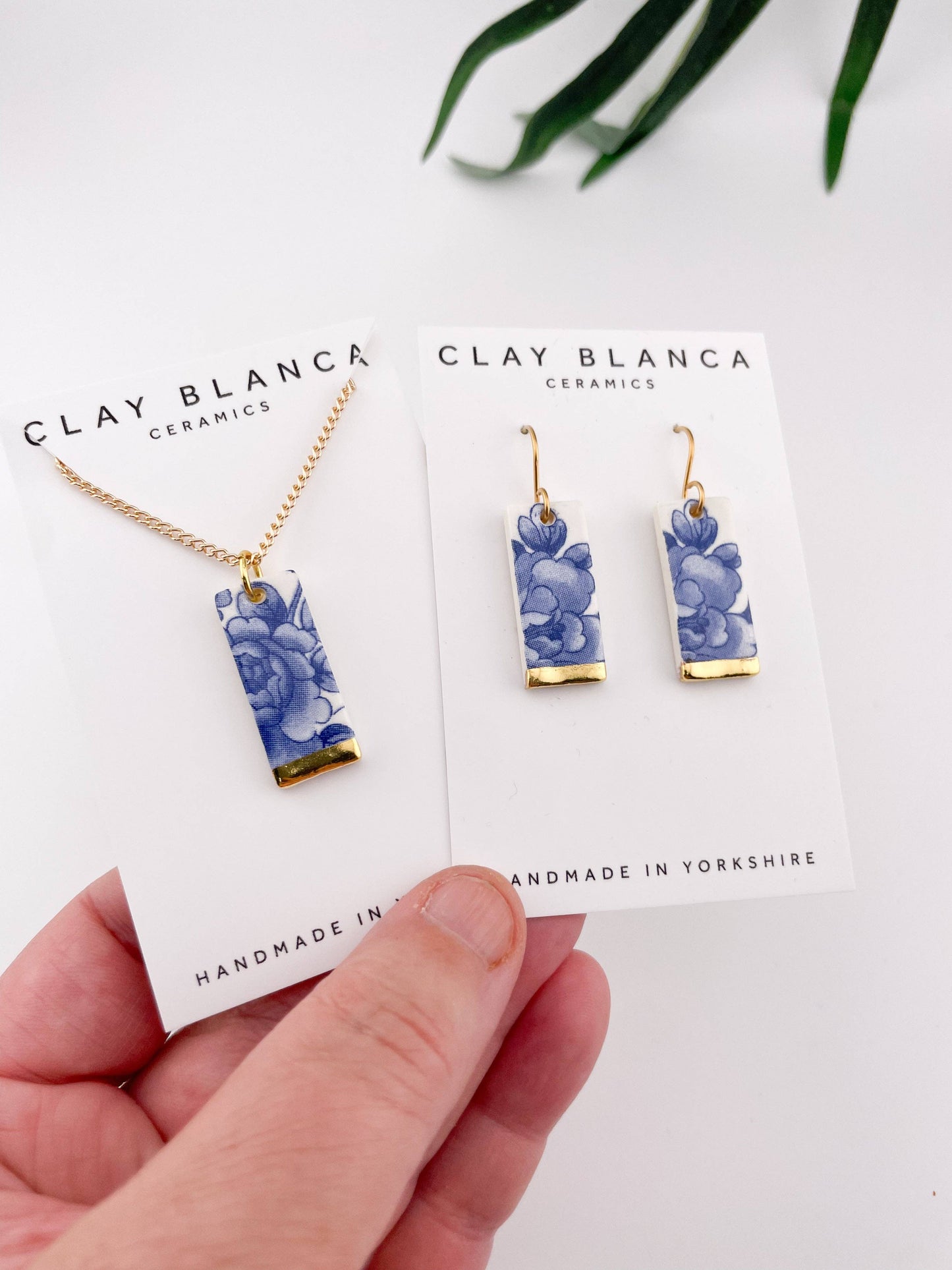 Blue China Wide Rectangle Pendant necklace with gold tip