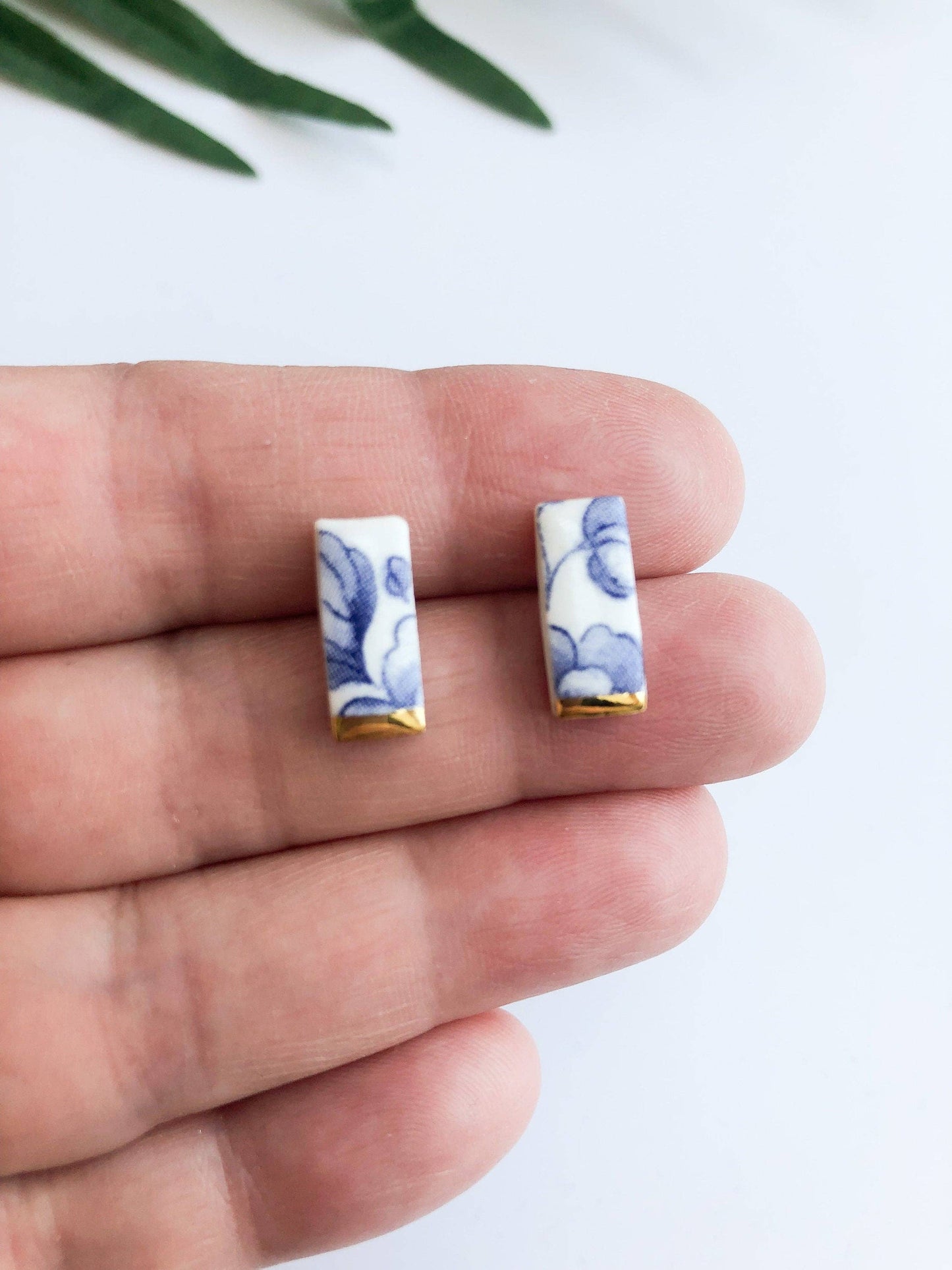 Blue China Stick Rectangle Stud earrings with gold tips