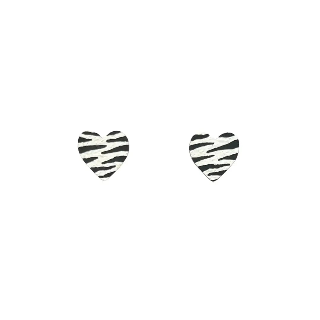 Mini zebra print heart stud statement wooden earrings