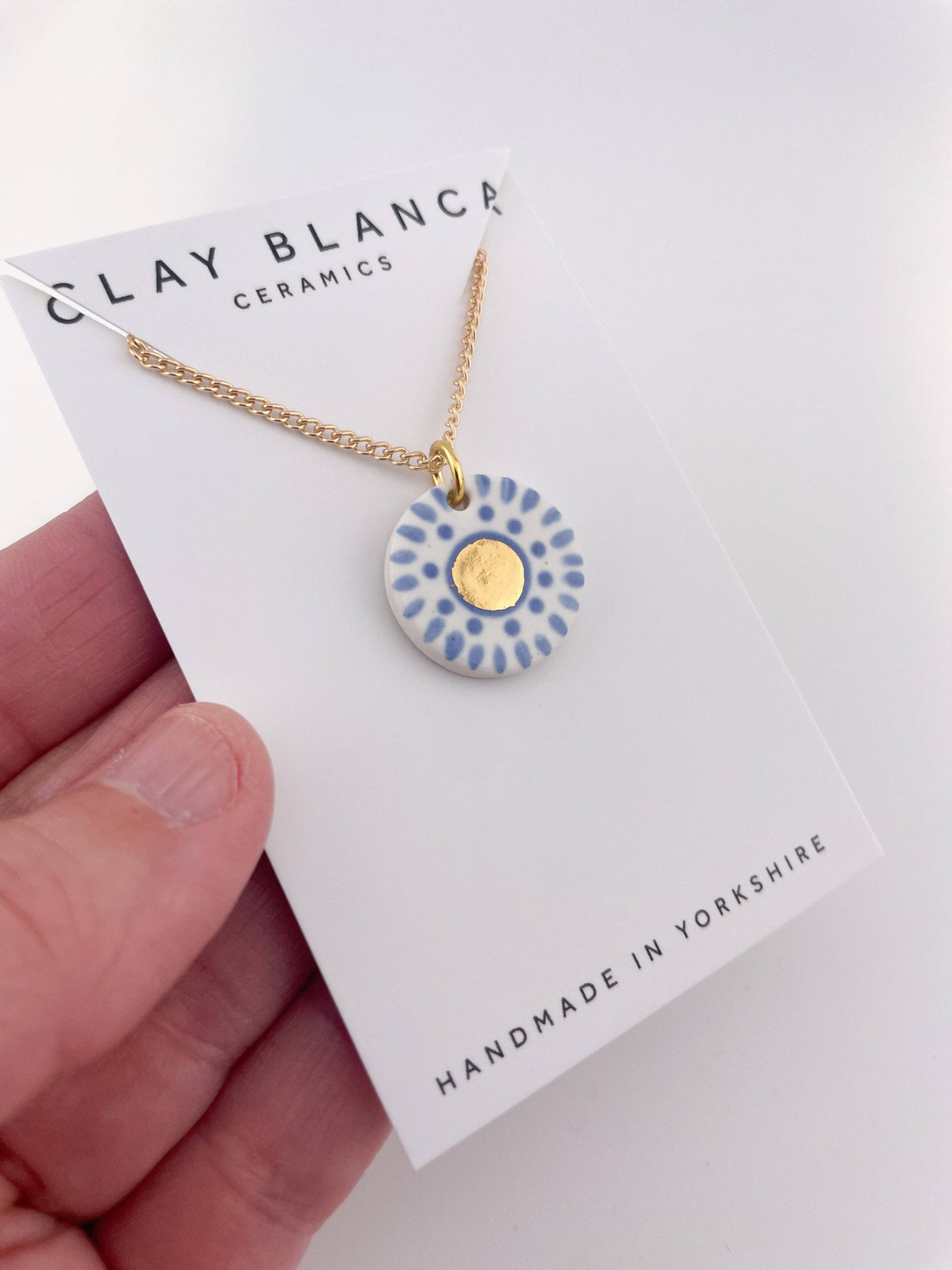 Hand Painted Sky Blue Dot Pendant with gold centre