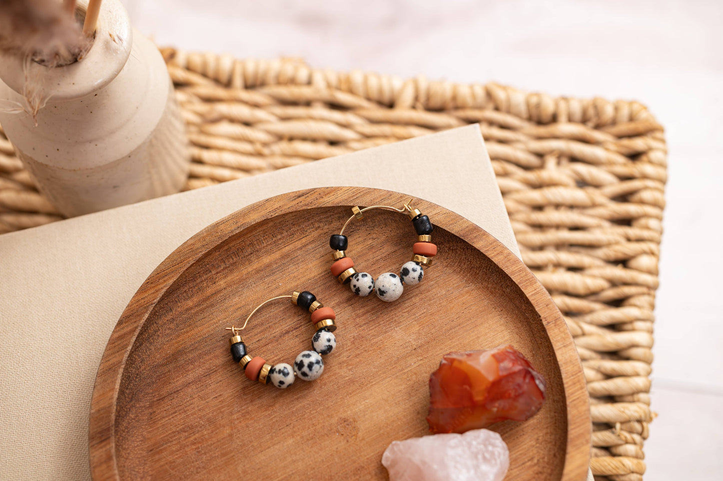 Gist Dalmatian Jasper & Sandstone barrel Hoop Earrings
