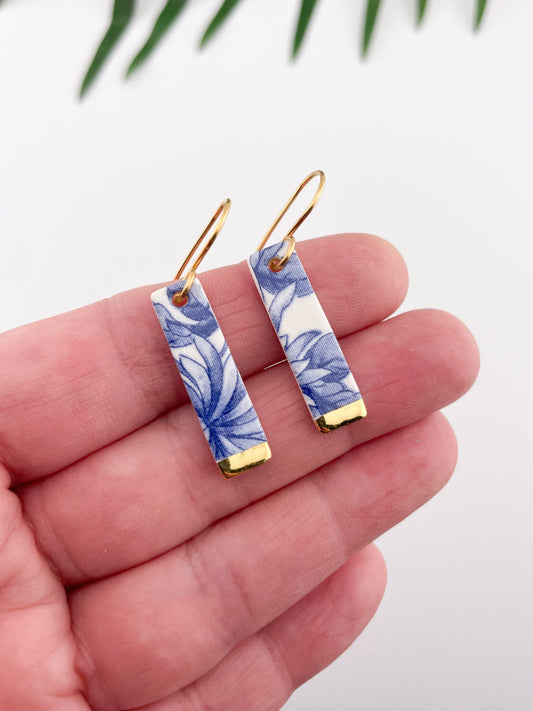 Blue China Slim Rectangle Dangle earrings with gold tips