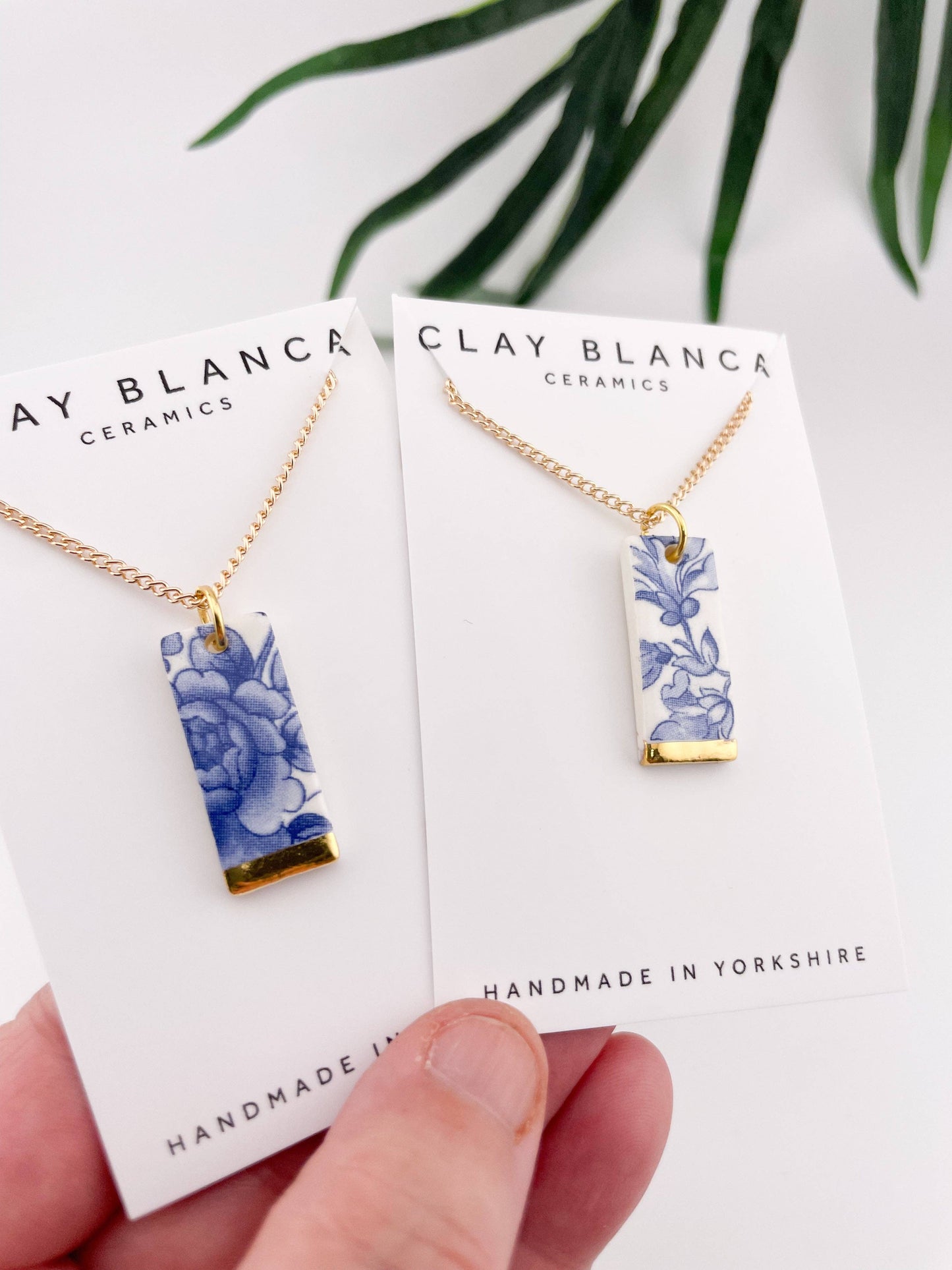 Blue China Wide Rectangle Pendant necklace with gold tip