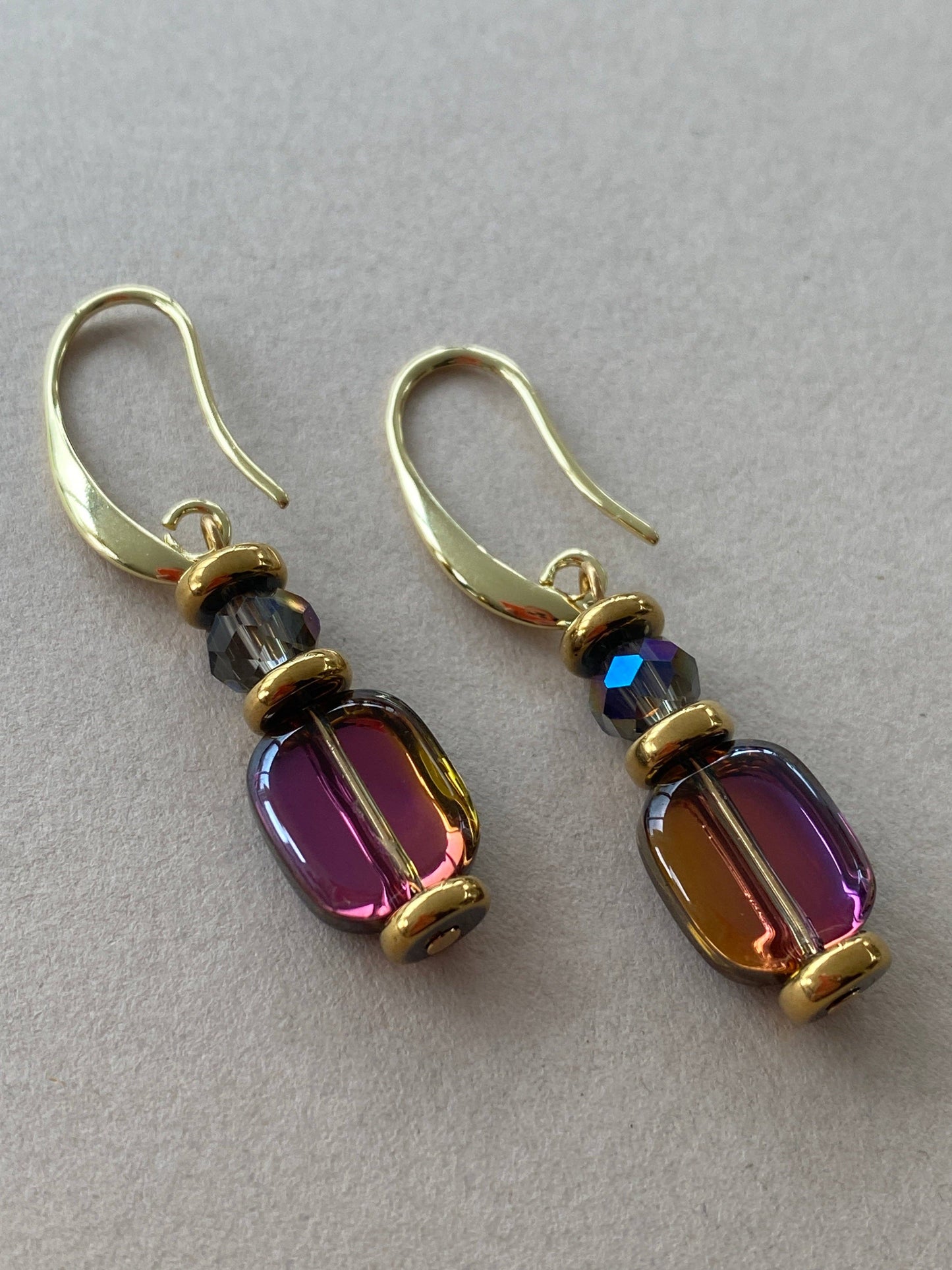 Gist Hematite, Glass & crystal drop earrings in purple and gunmetal