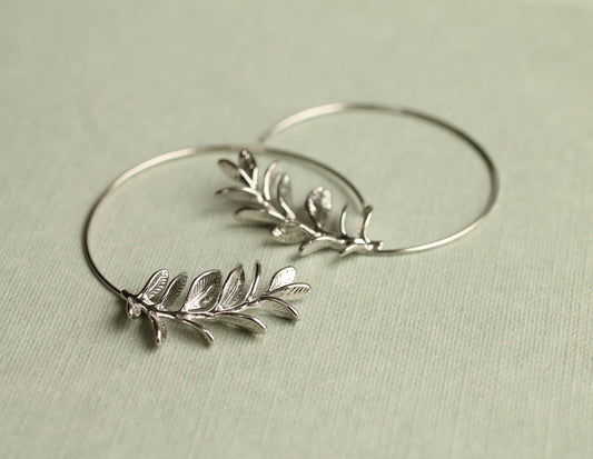 Rosemary Botanical Leaf Hoop Earrings : Silver