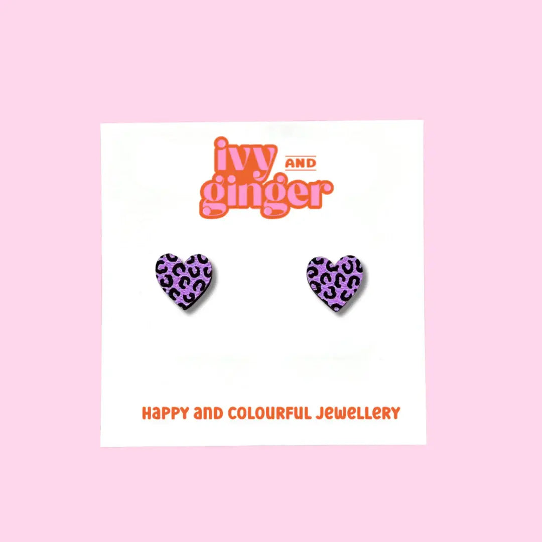 Mini lilac and black leopard print heart stud earrings