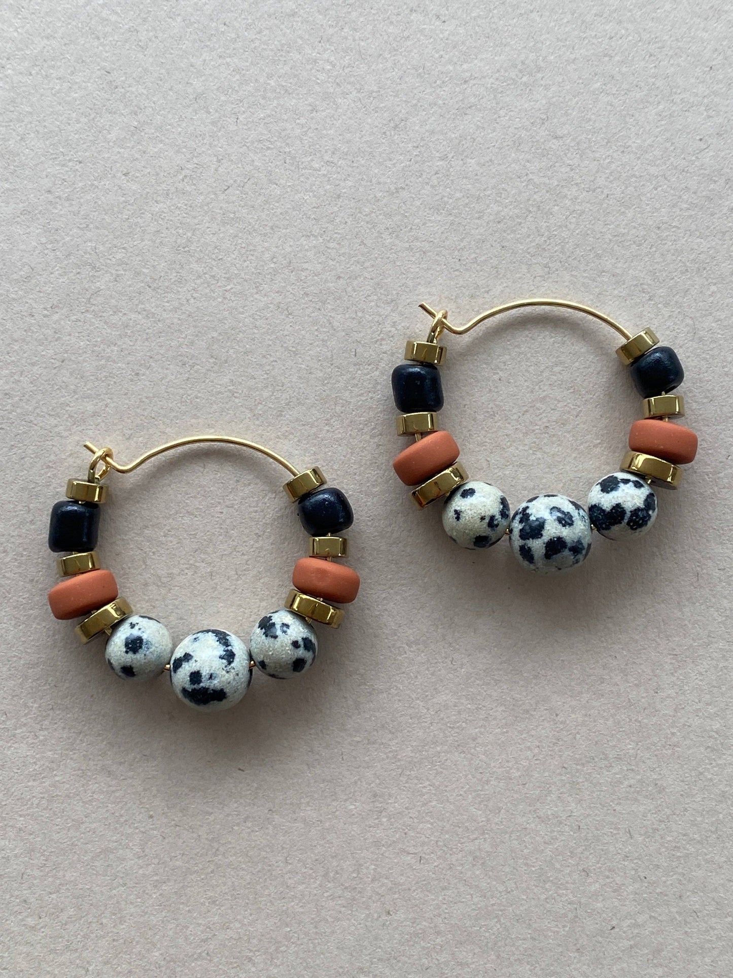 Gist Dalmatian Jasper & Sandstone barrel Hoop Earrings