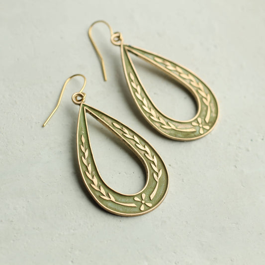 Art Nouveau Floral Sprig Hoop Earrings: Olive Green