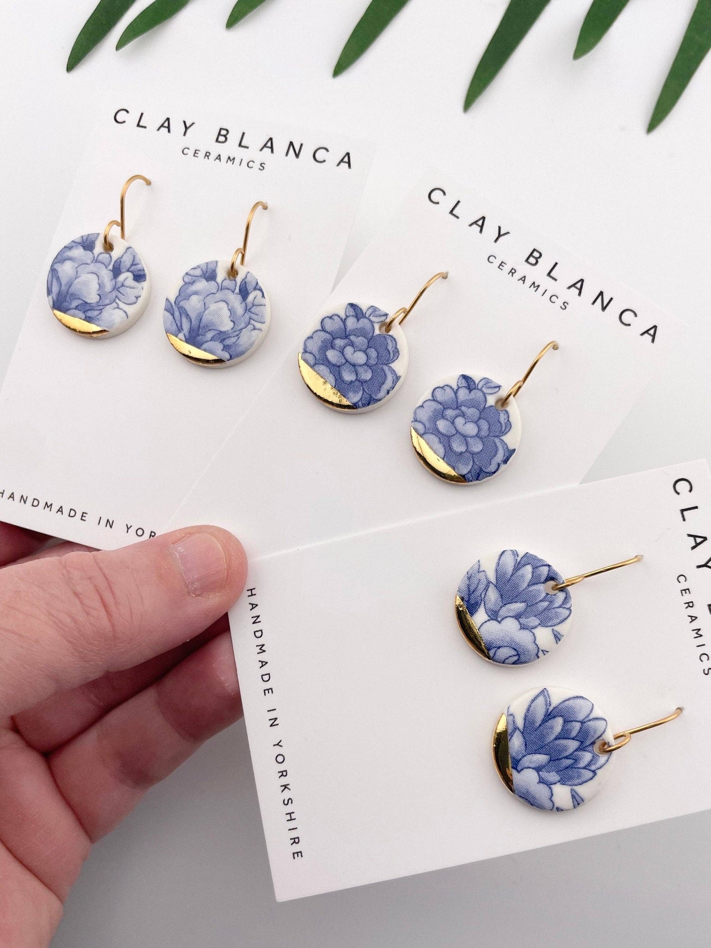 Blue China Large Round Dangle earrings with gold tips