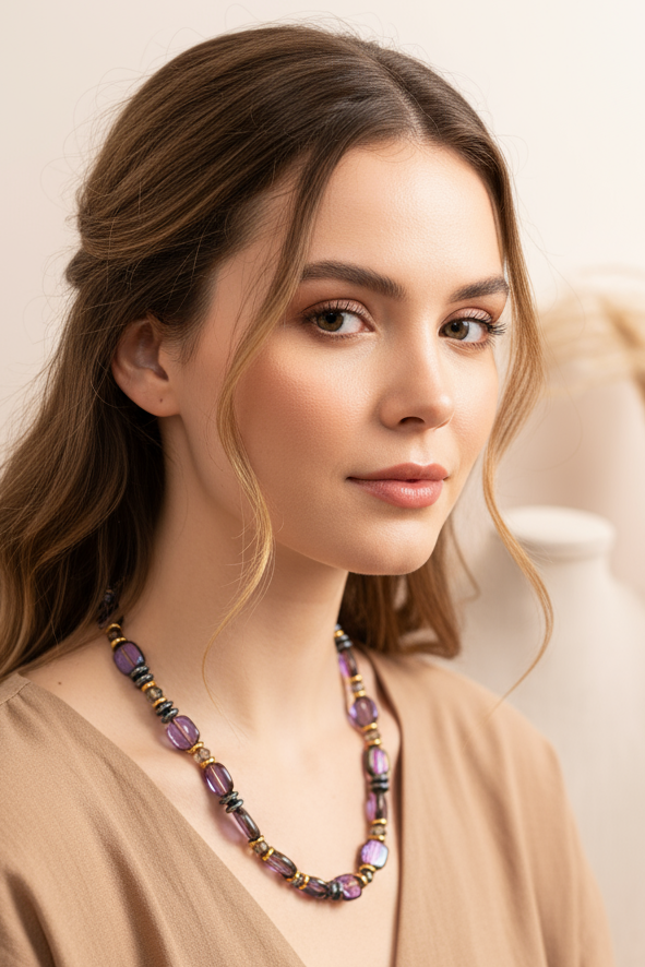 Gist Hematite, Glass & crystal coloured necklace in purple and gunmetal