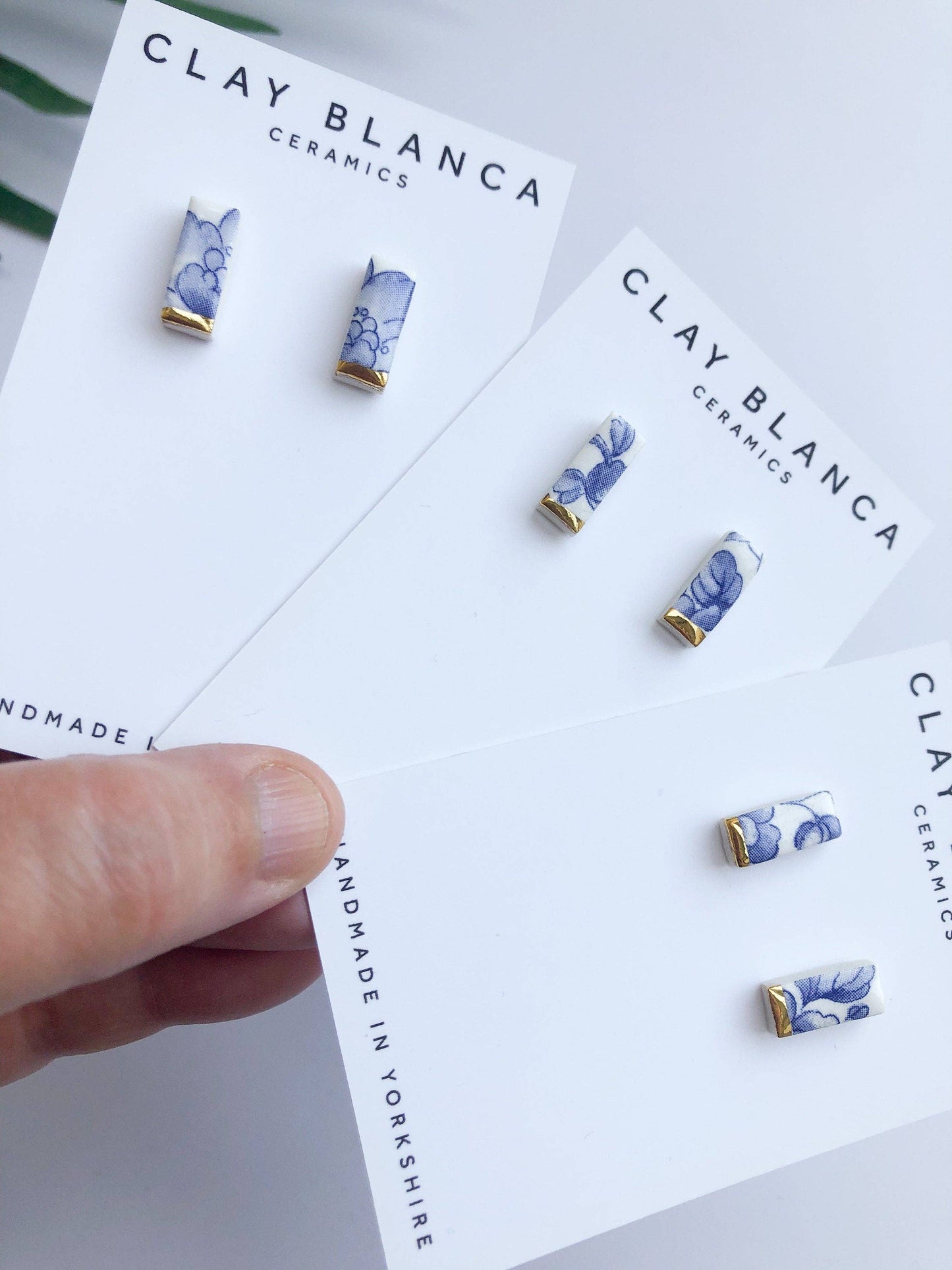 Blue China Stick Rectangle Stud earrings with gold tips
