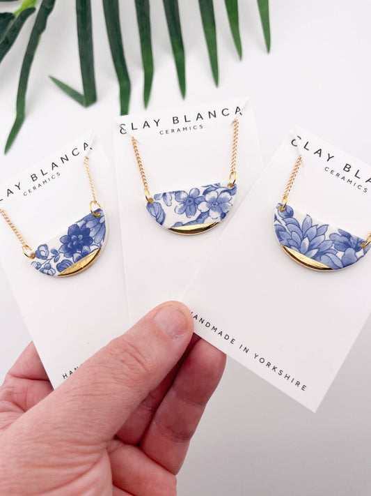 Blue China Semi Circle Pendant necklace with gold tip