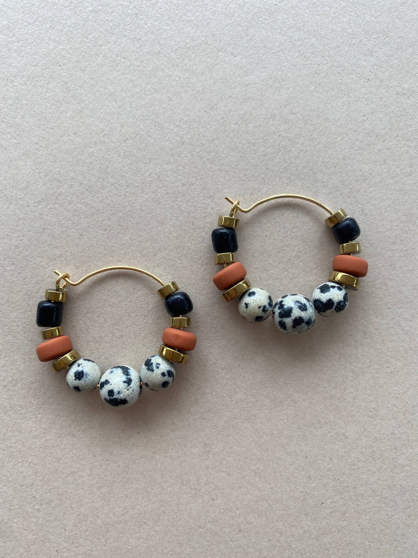 Gist Dalmatian Jasper & Sandstone barrel Hoop Earrings