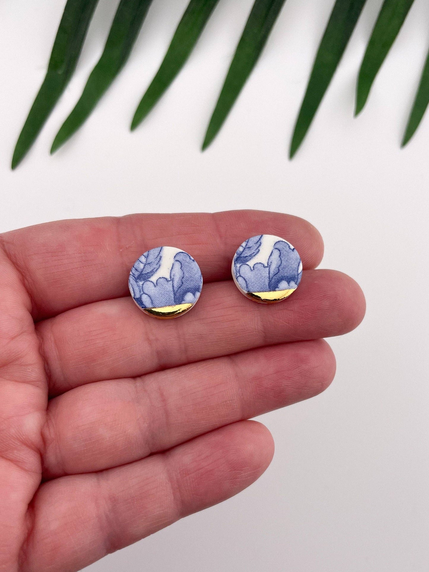 Blue China Small Round Stud earrings with gold tips