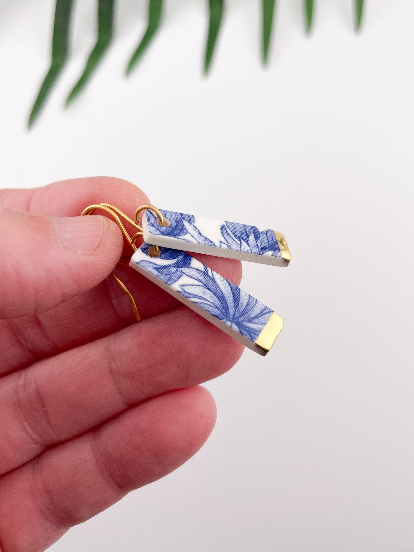 Blue China Slim Rectangle Dangle earrings with gold tips