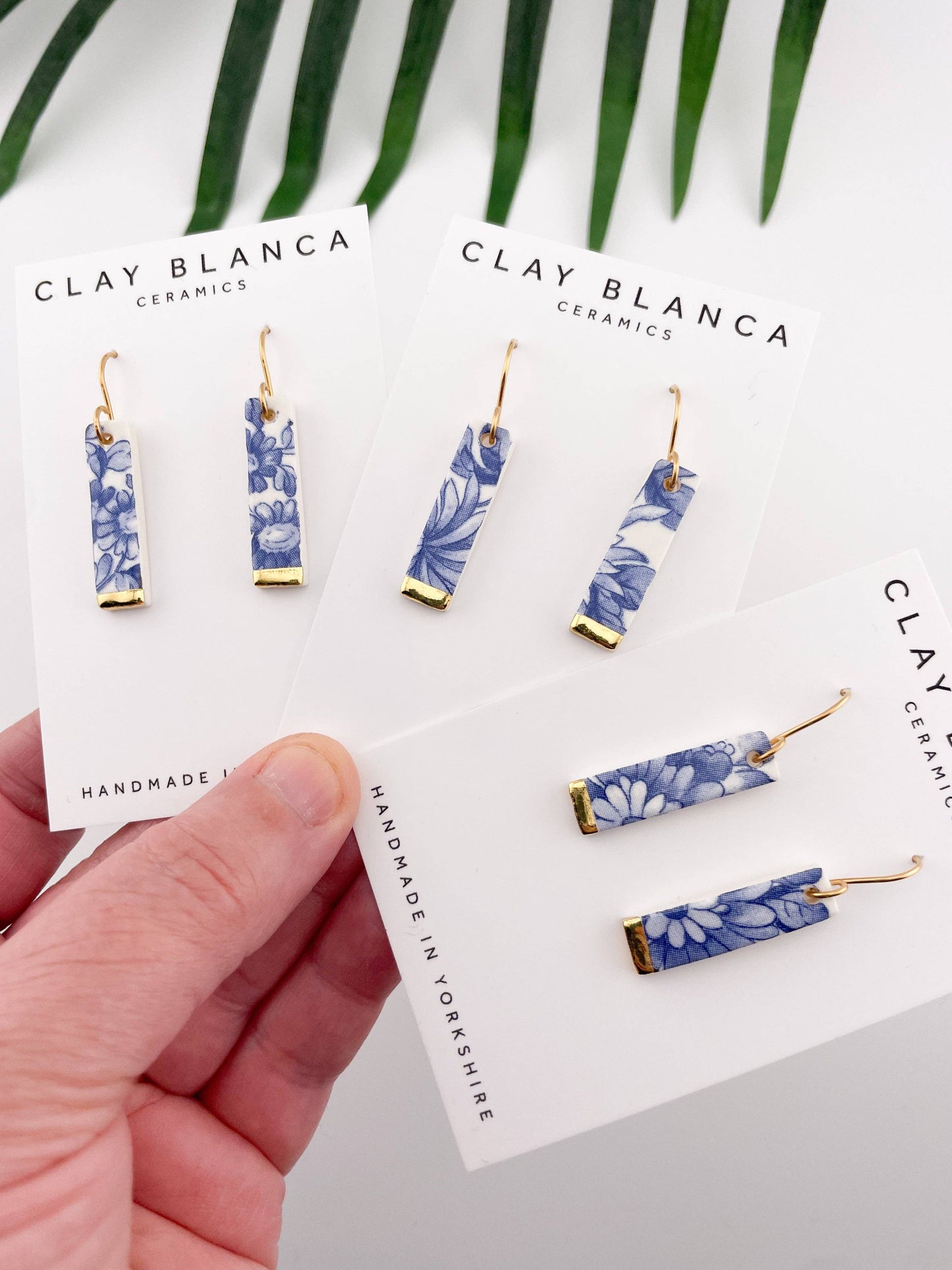 Blue China Slim Rectangle Dangle earrings with gold tips