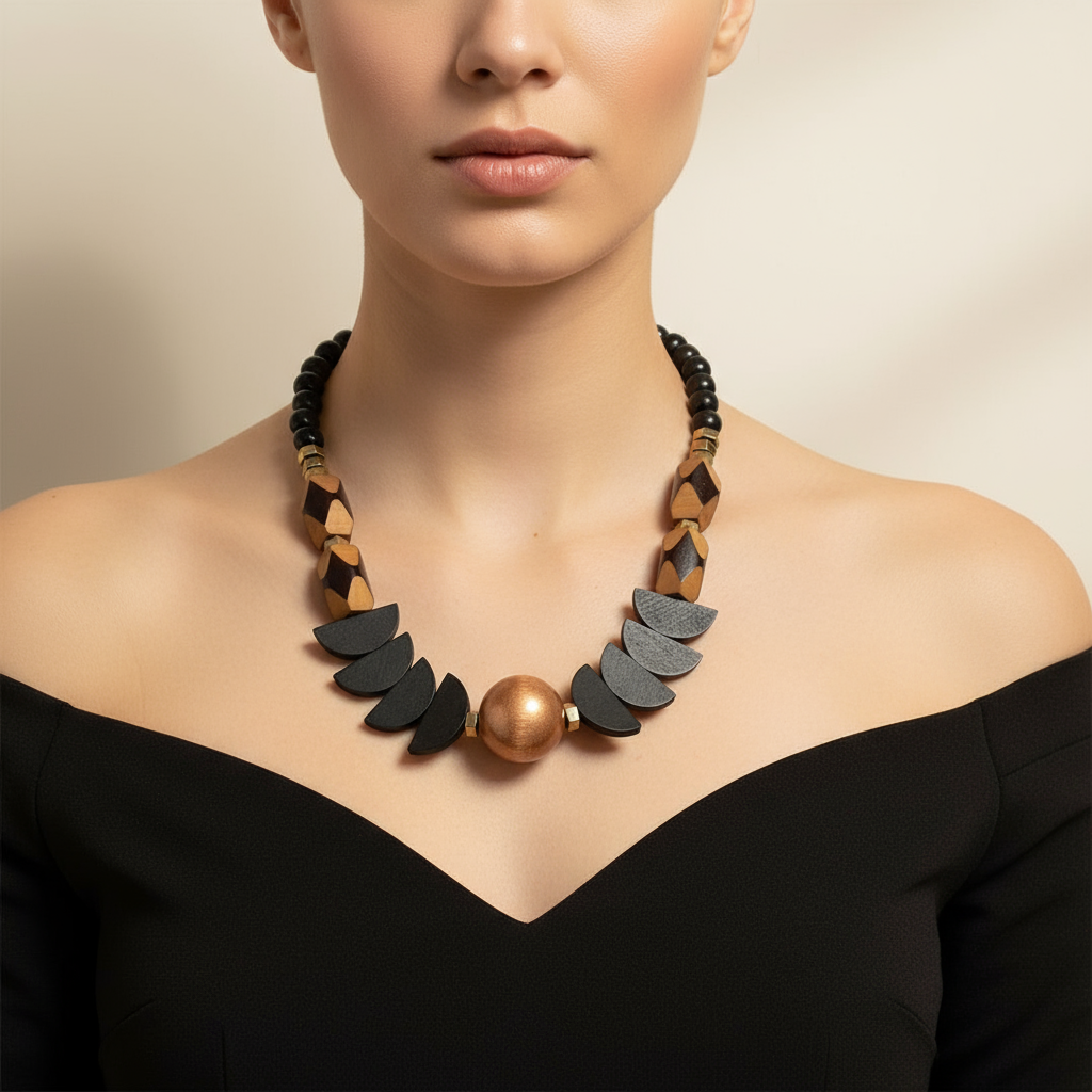 Gist - Statement necklace, Hematite, painted wood and acrylic