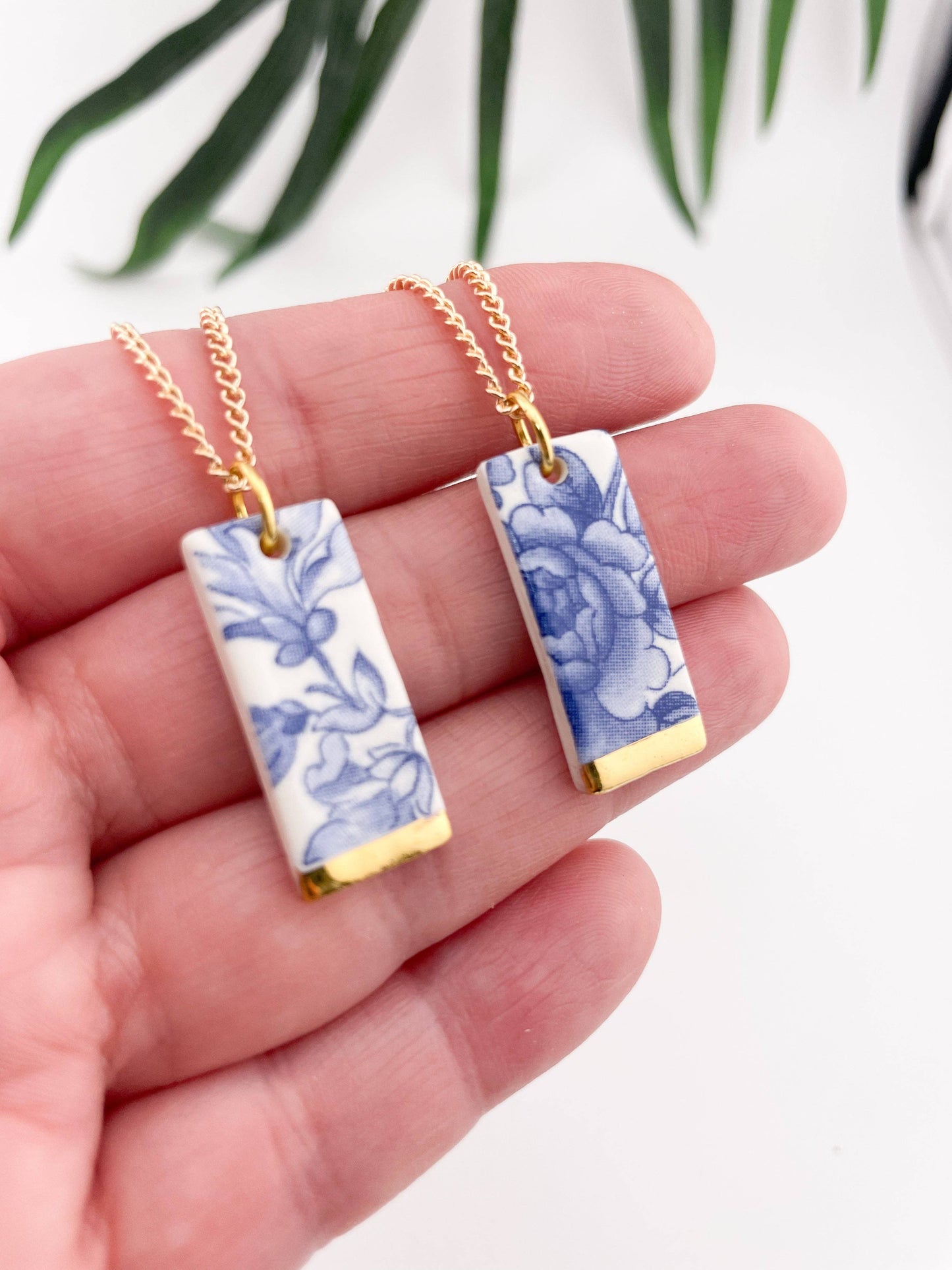 Blue China Wide Rectangle Pendant necklace with gold tip