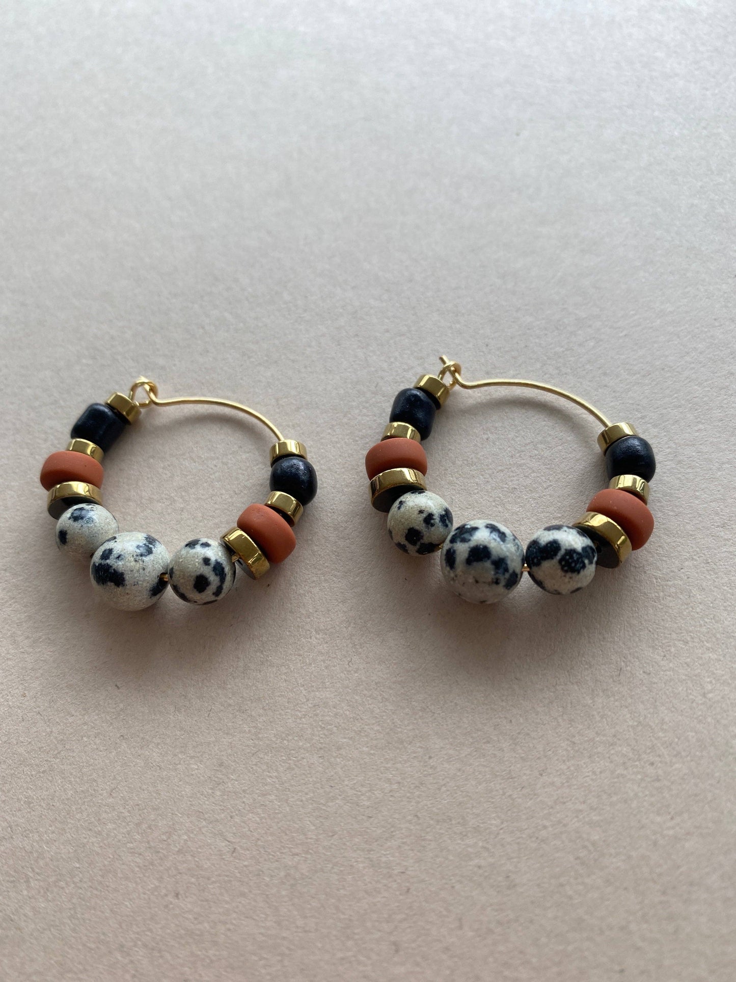 Gist Dalmatian Jasper & Sandstone barrel Hoop Earrings