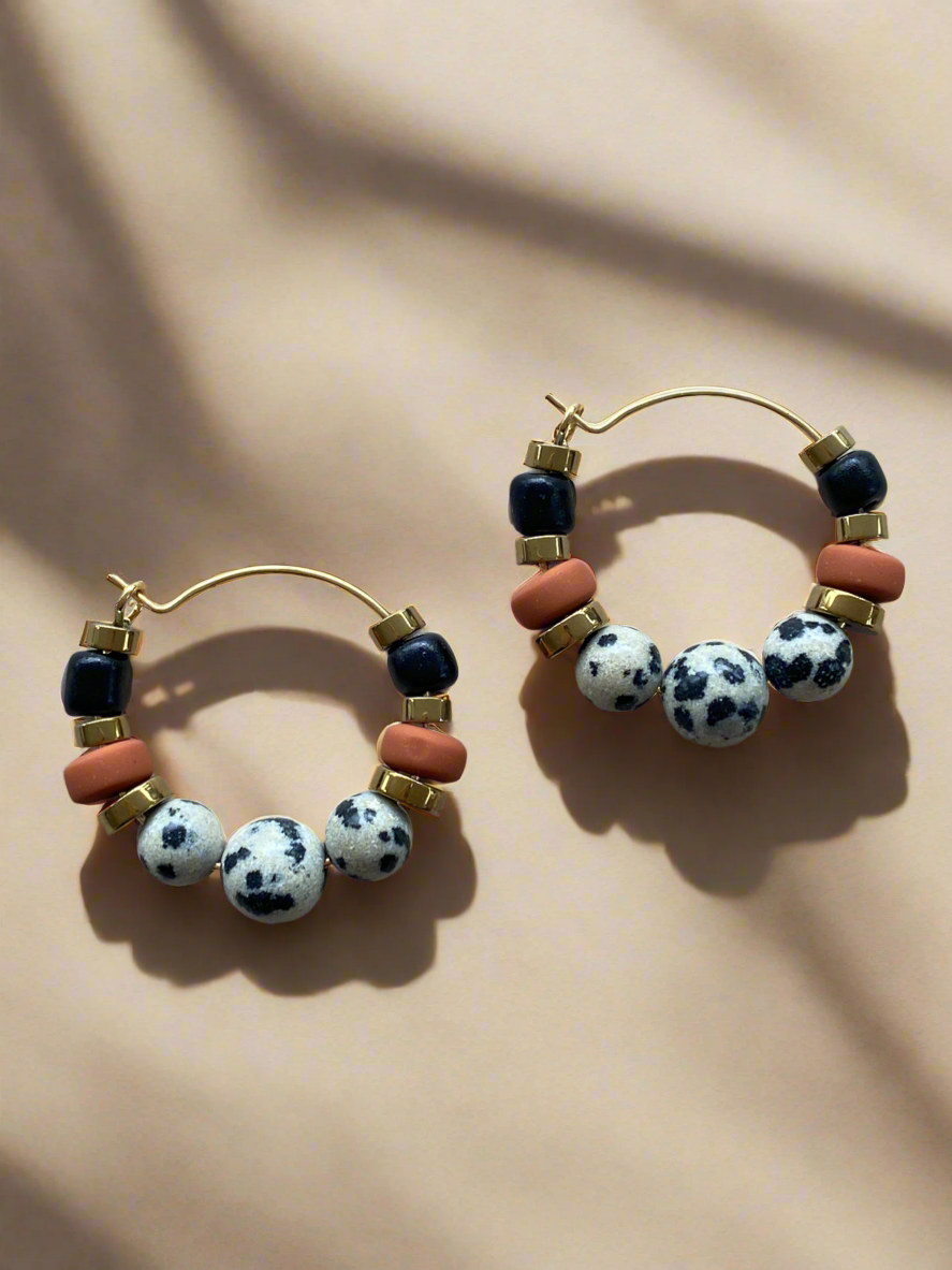 Gist Dalmatian Jasper & Sandstone barrel Hoop Earrings