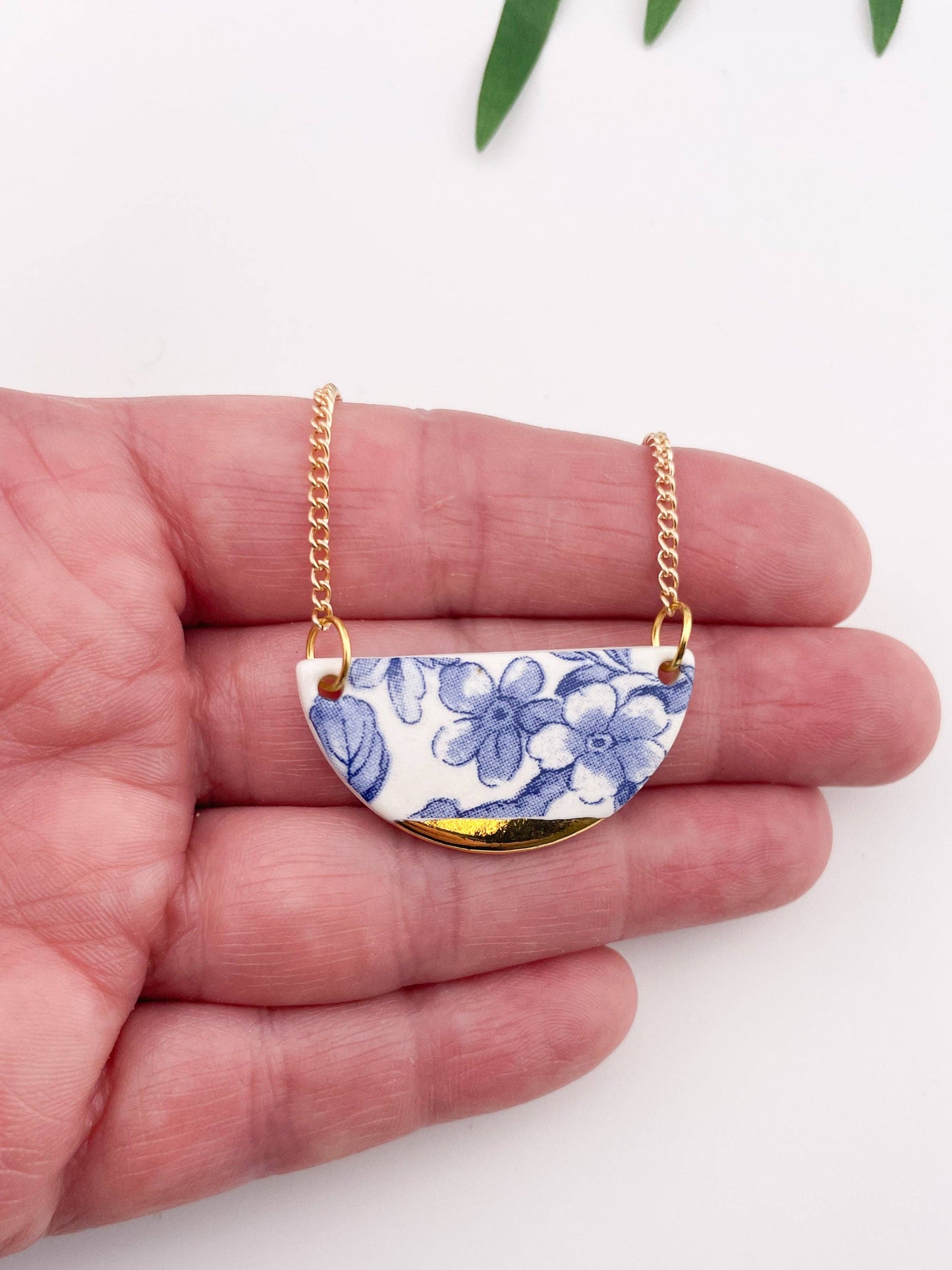 Blue China Semi Circle Pendant necklace with gold tip