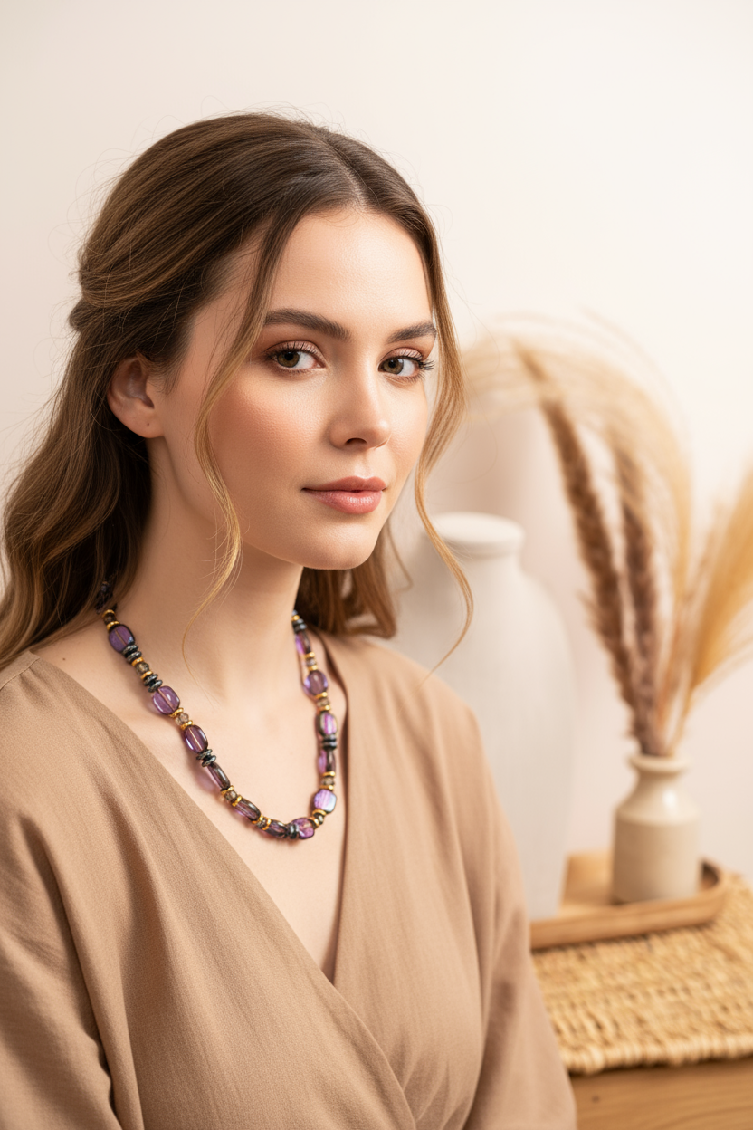 Gist Hematite, Glass & crystal coloured necklace in purple and gunmetal