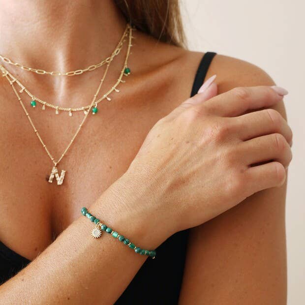 Malachite & Aqua Semi-Precious Stone Bracelet with Sun Charm