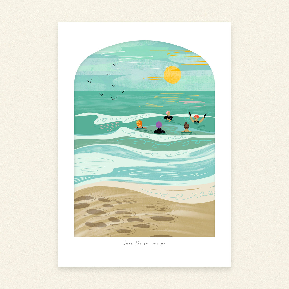 Into the Sea We Go | A4 Coastal Art Print | Wild Swimming
