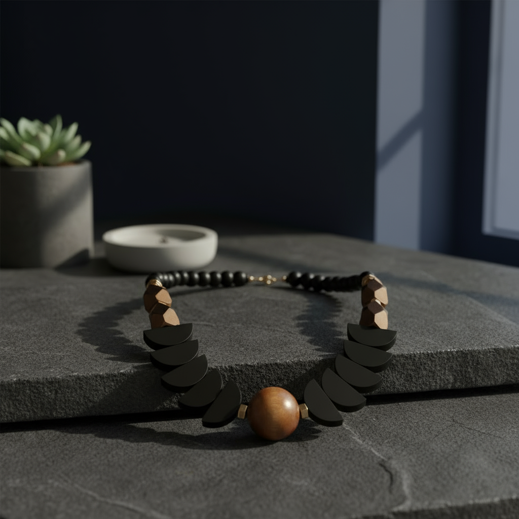 Gist - Statement necklace, Hematite, painted wood and acrylic