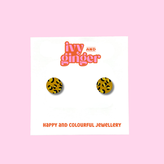 Ivy and Ginger - Mini mustard and gold leopard print circle stud earrings